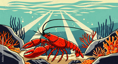 A vibrant red lobster explores the illuminated depths of the ocean floor, surrounded by detailed marine flora and rocky formations under beams of light