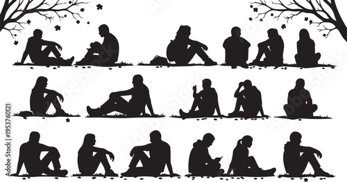 Silhouettes of people sitting in various relaxed poses outdoors