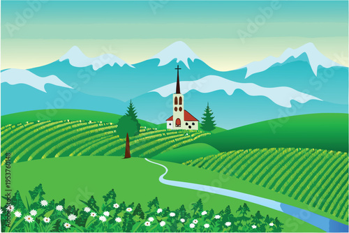 Charming white church nestled in a vibrant idyllic landscape