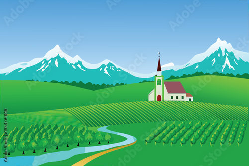 A picturesque countryside scene featuring a white church and mountains