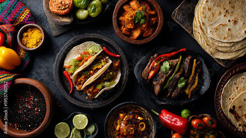 Bilde på lerret A variety of mexican dishes on plates and bowls