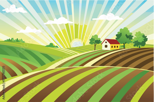 A vibrant countryside landscape with rolling hills and a bright sun