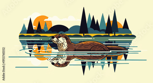Adorable otter swimming in a serene lake surrounded by a vibrant forest and reflecting the sun and trees in the calm water