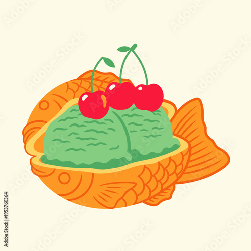 Taiyaki Ice Cream with Cherries Illustration
