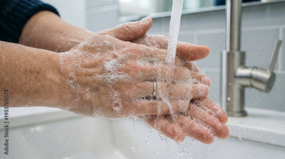 Fototapeta premium Close-up of hands being washed with soap and water in a modern bathroom sink