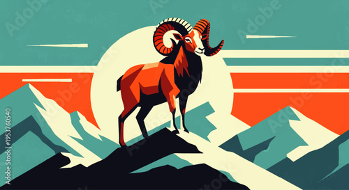 Majestic bighorn ram stands proudly atop a rugged mountain peak at sunrise, depicted in a striking geometric illustration with a retro aesthetic