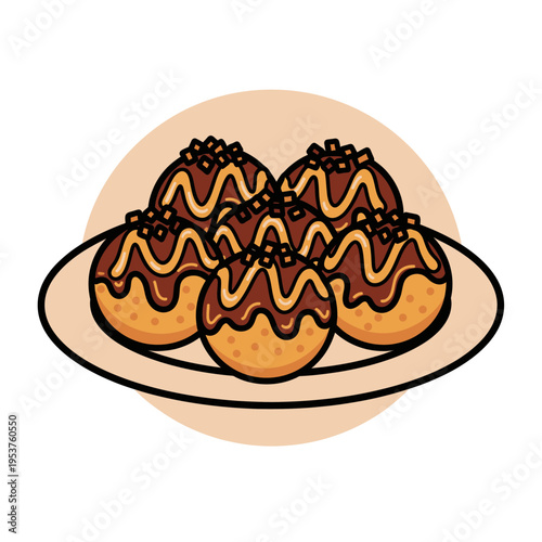 Takoyaki Balls on Plate Illustration Japanese Street Food