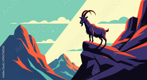 A majestic mountain goat stands proudly on a rocky cliff, overlooking a vast, colorful mountain landscape under a clear sky