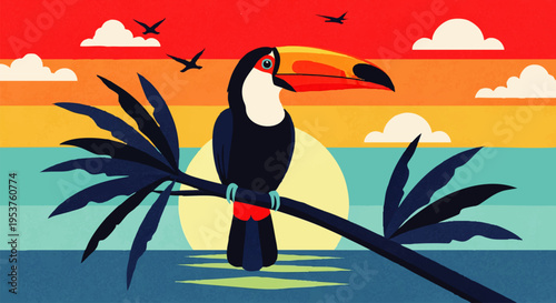 Colorful toucan perched on a palm tree branch against a vibrant sunset sky over the ocean