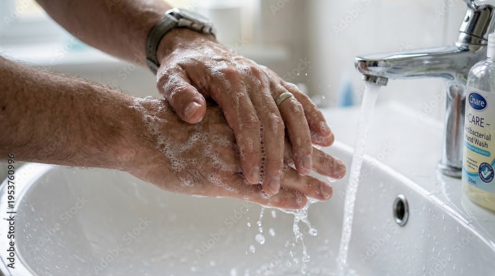 Fototapeta premium Close-up of man washing hands with soap and water in sink, hygiene concept