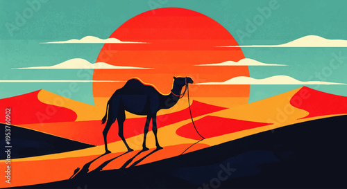 A lone camel traverses the vast, sun-drenched dunes of a desert landscape under a vibrant sunset sky