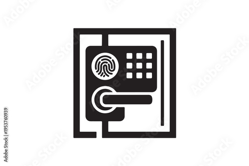 A black and white illustration depicting a modern electronic door lock with a fingerprint scanner