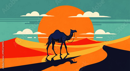 Serene desert landscape with a lone camel silhouetted against a vibrant sunset, evoking a sense of adventure and tranquility