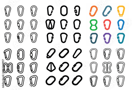 Outdoor climbing icons with carabiner clip minimal