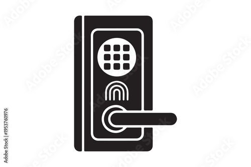 A black silhouette of a modern smart door lock with keypad and fingerprint scanner