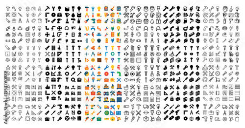 Tools icons with hammer wrench drill outline