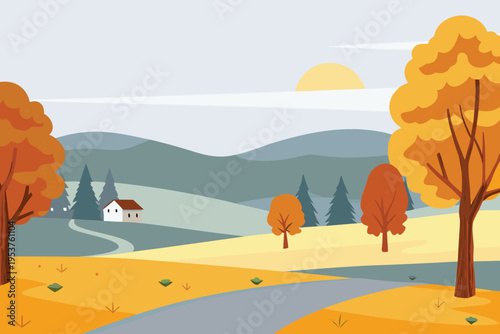 Autumn landscape showing a small house nestled among rolling hills
