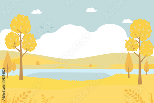Autumn landscape featuring golden trees and a serene lakeside view