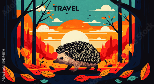 A charming hedgehog ambles through a vibrant autumn forest as the sun sets, surrounded by rich orange and red foliage, depicting a tranquil woodland journey