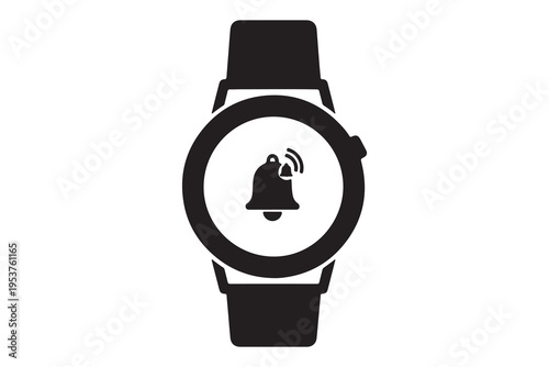 A black silhouette of a wristwatch displaying a ringing alarm bell icon within the face