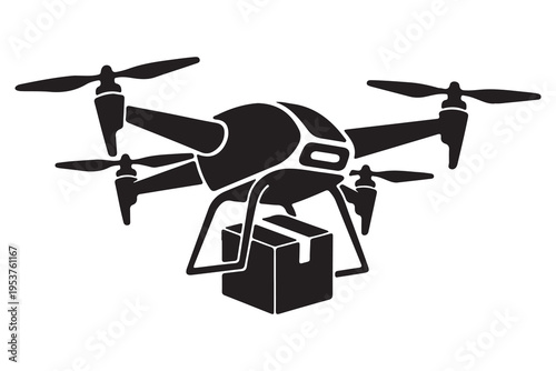 A black silhouette of a delivery drone carrying a package showcasing modern logistics technology