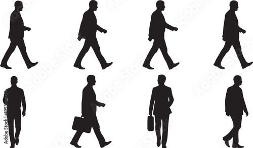 Silhouettes of businessmen walking in various poses and directions
