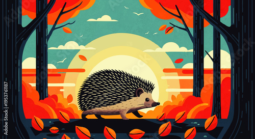Enchanting autumn scene featuring a hedgehog amidst a forest bathed in warm, golden sunlight, with vibrant foliage