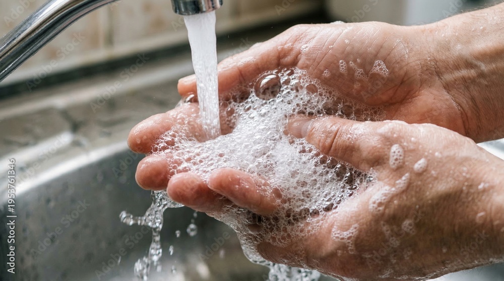 Fototapeta premium Washing hands with soap and water under a faucet, hygiene and cleanliness concept