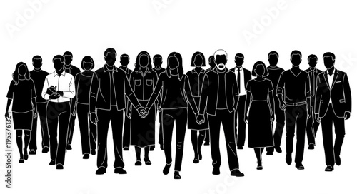 Silhouette Crowd - Diverse Group of People Walking Together in Unity.