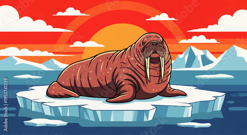 Majestic walrus resting peacefully on an ice floe amidst a vibrant Arctic sunset, showcasing the beauty of polar wildlife in a stylized illustration