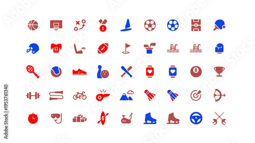 Flat icons showing various sports gear, activities, and athletic symbols.