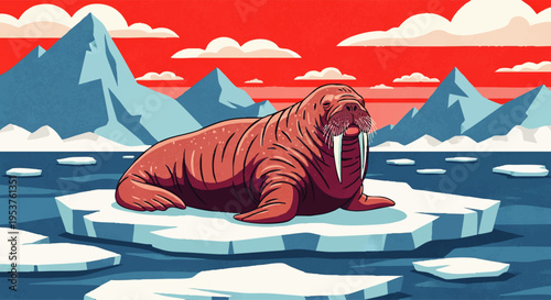 Majestic walrus resting peacefully on a solitary ice floe amidst a stunning Arctic landscape with towering snow-capped mountains and a dramatic red sky, depicting a serene and unique wilderness scene