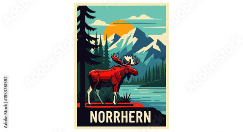 Vintage poster art of a majestic red moose by a tranquil lake, framed by snow-capped mountains and dense forests, capturing the wild beauty of northern landscapes