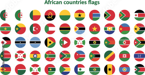 Collection Of African Countries National Flags In Circular Button Design Set Vector Illustration Isolated On White Background, 17 words.
