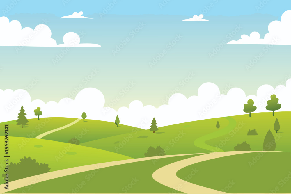 Fototapeta premium A peaceful cartoon landscape featuring rolling green hills and sky