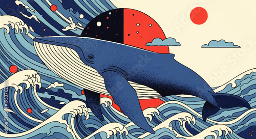 A majestic blue whale breaching through crashing waves under a surreal sky divided into day and night with a crescent moon and sun