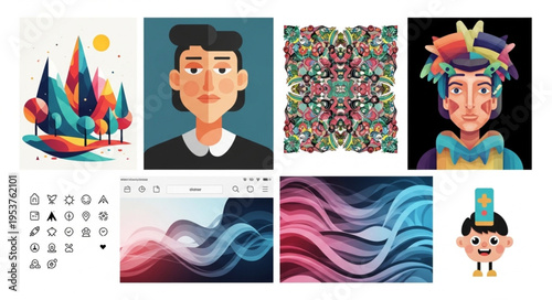 Diverse digital art collection showcasing abstract landscapes, portraits, patterns, and stylized characters.