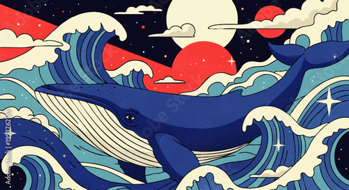 Dynamic illustration of a majestic blue whale in stylized ocean waves beneath a starry night sky with a moon, evoking marine wonder and celestial beauty