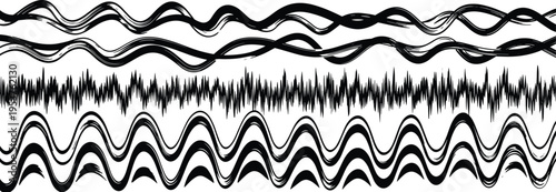 Abstract sound wave collection with audio signal lines, waveform patterns and frequency vibration, black and white dynamic illustration set