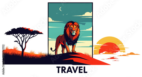 Vibrant African Safari Illustration Majestic Lion, Acacia Tree, and Sunset Scenery