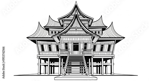 Detailed Line Art Depiction of a Traditional Asian House.