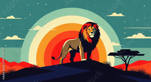 Majestic Lion Silhouette Against a Vibrant Sunset with African Savanna Landscape