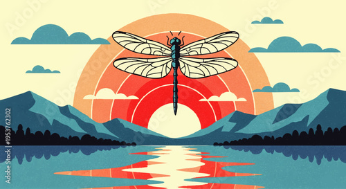A stylized dragonfly gracefully hovers above a serene lakeside landscape, illuminated by a warm, retro-inspired sunset, symbolizing freedom and the tranquility of nature