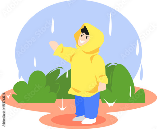 Illustration Of A Little Boy In A Yellow Raincoat Playing In The Rain. Grass Background, Rain Drops, Blue Sky. Suitable For Children's Themes, Games, Etc. Flat Vector