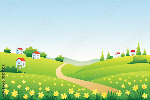 A winding path leads through a vibrant idyllic countryside scene