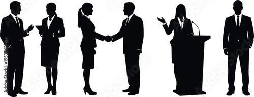 Business people silhouettes collection with handshake, presentation and professional communication, corporate teamwork black and white illustration set for office concept