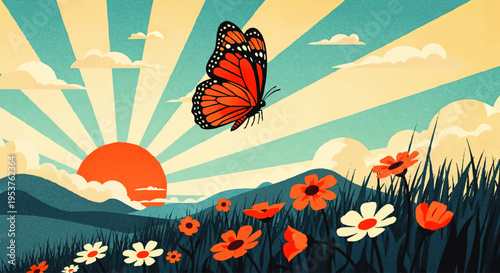 A vibrant monarch butterfly gracefully soars above a blossoming meadow as the sun's golden rays illuminate the serene landscape, symbolizing hope and natural beauty