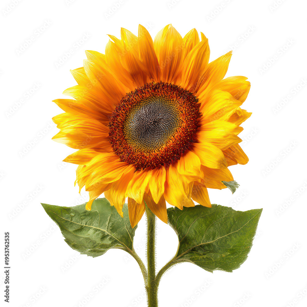 Obraz premium Sunflower stands tall with bright yellow petals and green leaves captured with a clear background during daylight