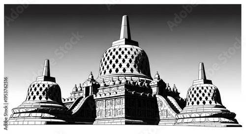 Borobudur Temple - A Majestic Buddhist Monument in Monochrome.