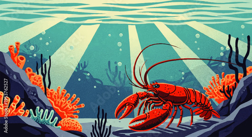 A vibrant underwater scene featuring a bright red lobster, coral reefs, and sunbeams filtering through the ocean's surface